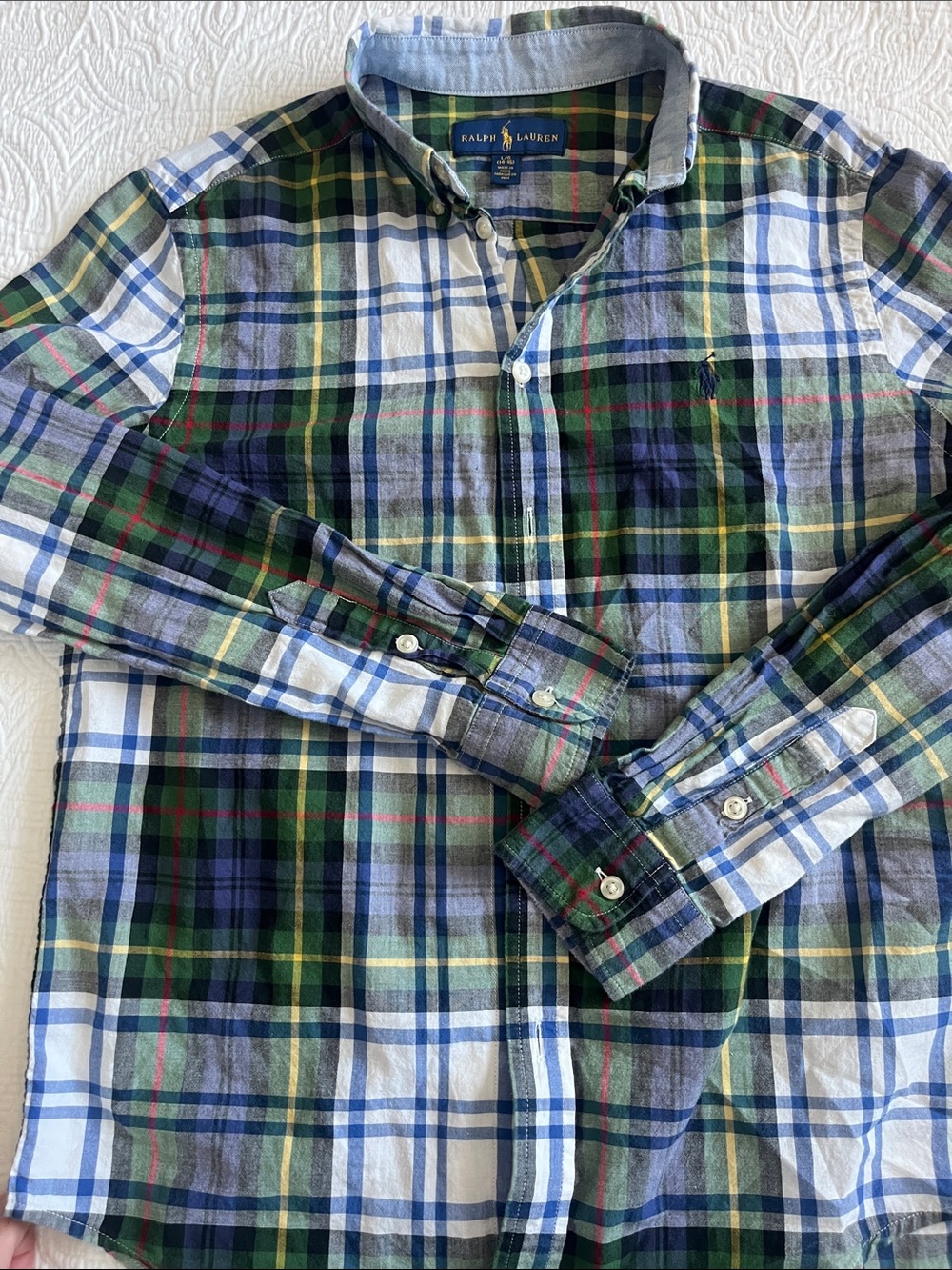 Ralph Lauren Green, Blue and White Plaid Button-Down Shirt Boys large 14/16
